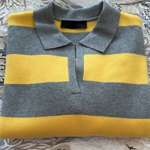 Zara Gray and Yellow Striped sweater with polo split collar. Size S.